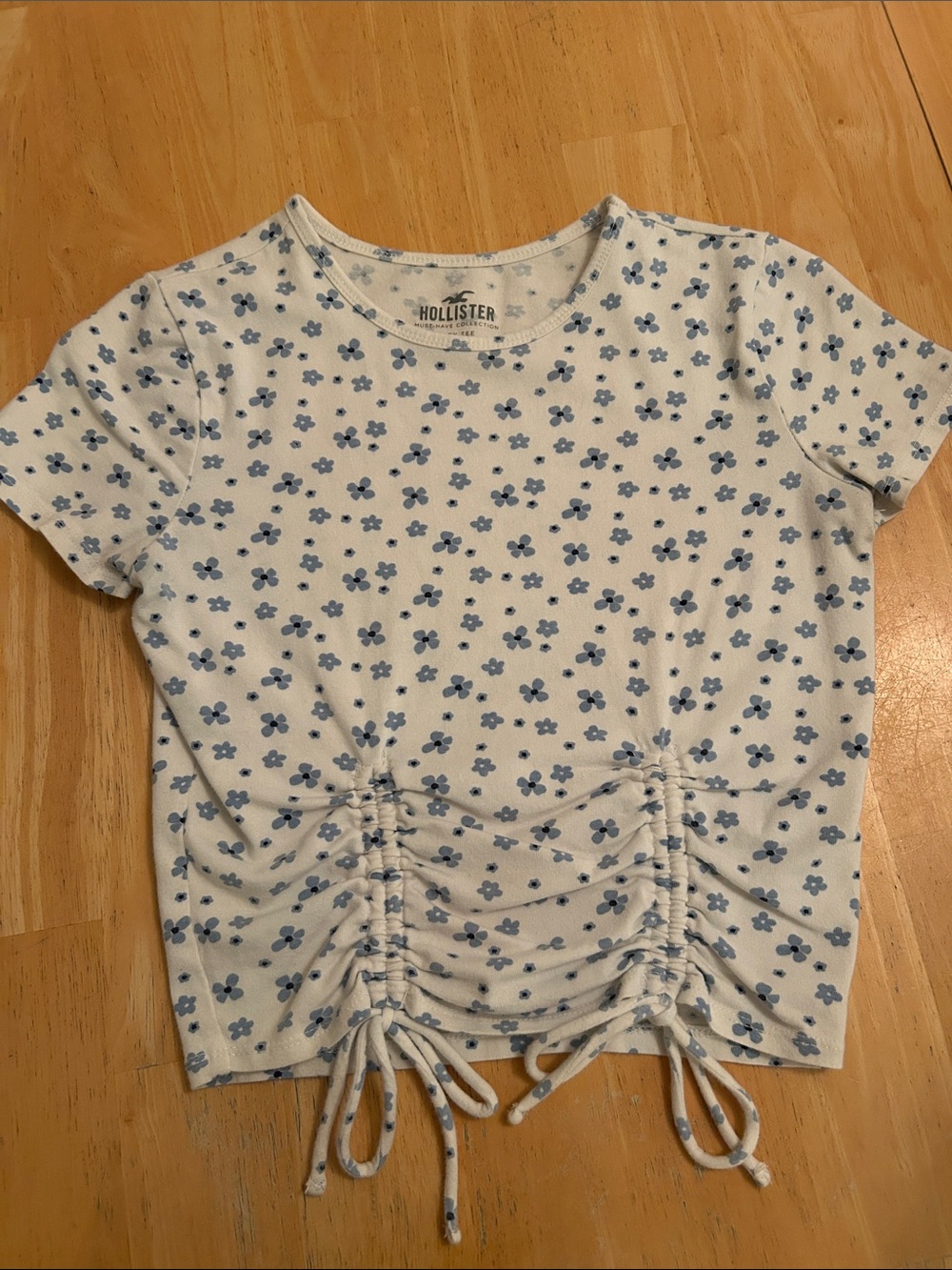 Hollister White Tee with Blue Floral Ruched Front